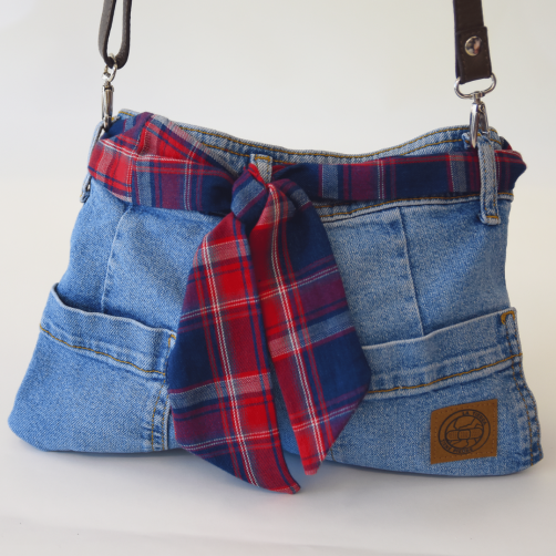 Bolso Bandolera Reciclado de tejido vaquero con Cinturón a Cuadros